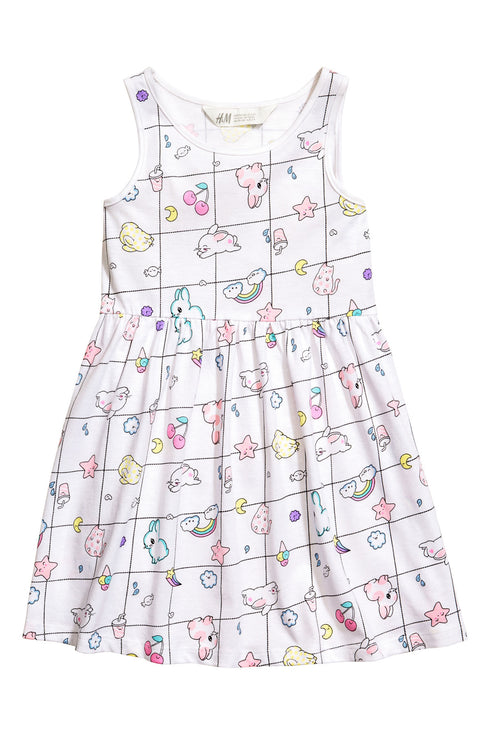 HnM All Over Cute Random Prints White Premium Cotton Dress