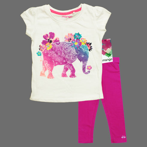 Mango Glitter Print Elephant Girls White Premium Cotton 2 piece Bundle
