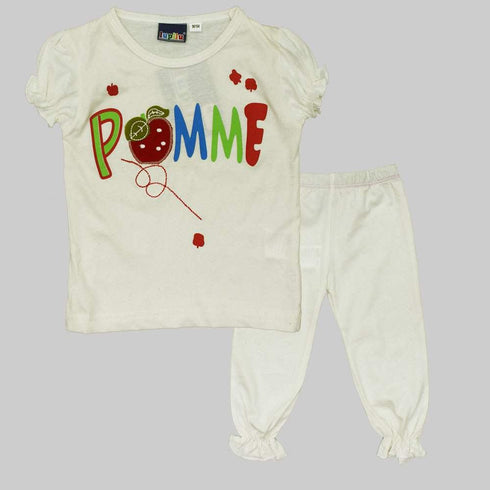 LUPILU Apple applique Off White 2 piece Girls Night Suit Set