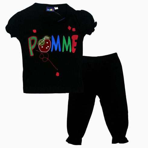 LUPILU Apple applique Black 2 piece Girls Night Suit Set