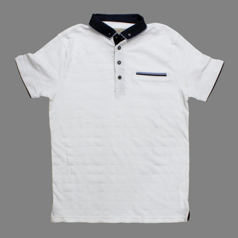 ZARA BOYS White Self Stripes Cotton Jersey Fashion Polo