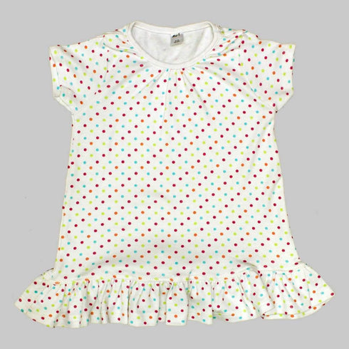 BFL Multi Colour Polka Dots Print White Cotton Girls Frill Long Tshirt