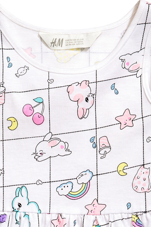 HnM All Over Cute Random Prints White Premium Cotton Dress