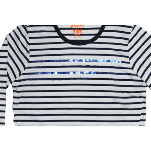 KIDS Blue Stripes Sequins Blue And White Girls Premium Cotton Tshirt
