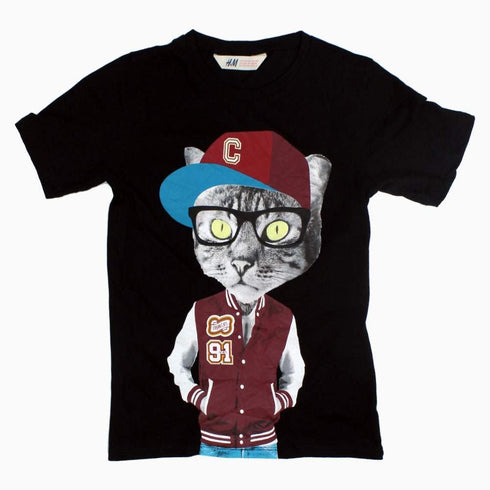 HnM Smart Cat Print boys Black Tshirt