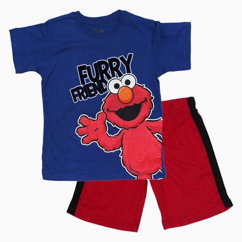 ELMO Furry Friend Flock Print Blue and Red Boys 2 Piece Set
