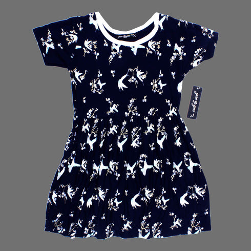 Gee Gee All Over Bird Print Navy Blue Premium Poly Cotton Dress