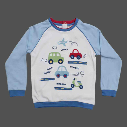 FAGOTTINO Boys White Car Print Premium Cotton 2 Piece Night Suit