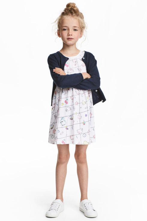 HnM All Over Cute Random Prints White Premium Cotton Dress