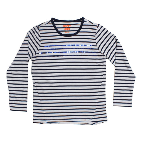 KIDS Blue Stripes Sequins Blue And White Girls Premium Cotton Tshirt