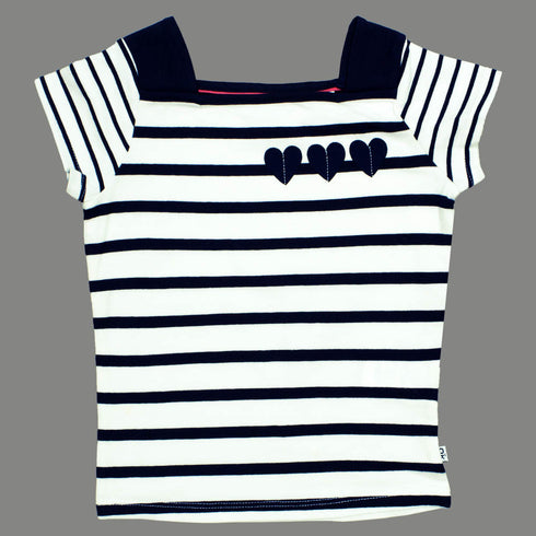 Okaidi Stitched Hearts Square Neck Premium Cotton White and Navy Girls Tshirt