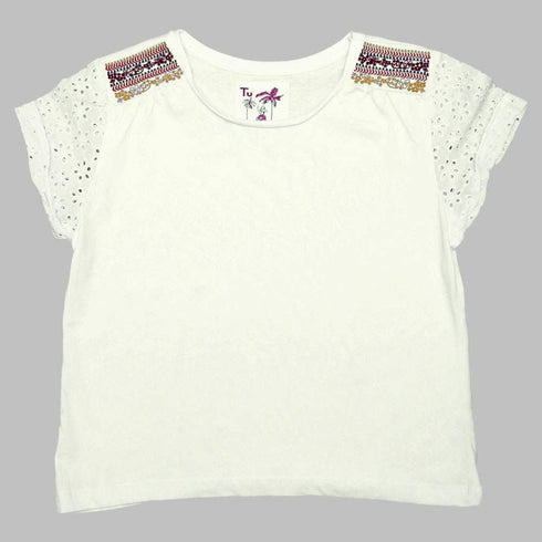 TU Embroidered Lace Sleeves Girls High end Fashion White Tshirt