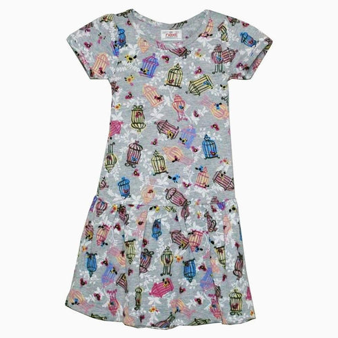 Next colourful bird print grey girls dress
