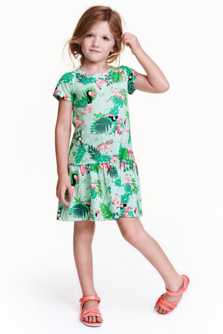 HnM Jungle Watercolour Print Light green Premium Cotton Girls Dress