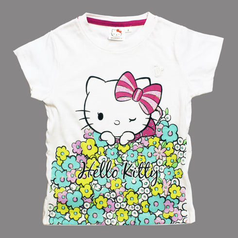Hello Kitty Up White Girls Cotton Glitter Print Tshirt