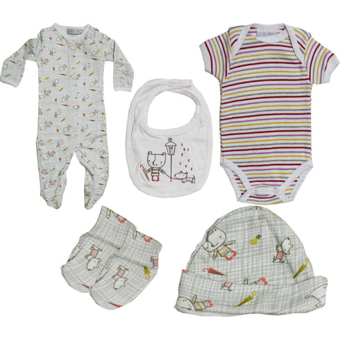 BONJOUR BABE Cat Print White Cotton 5 Piece Sets