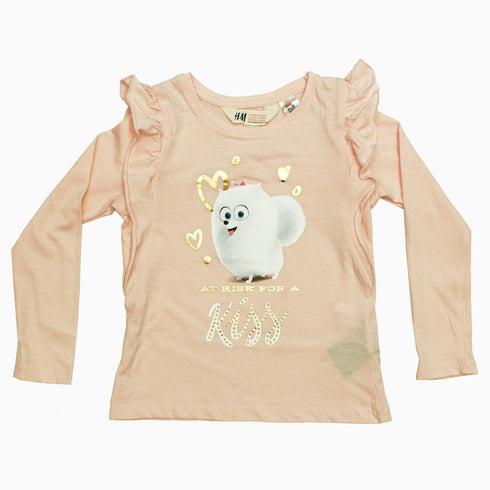 HnM PETS Risk of KISS Gold Print Baby Pink Frill Shoulders Grils Tshirt