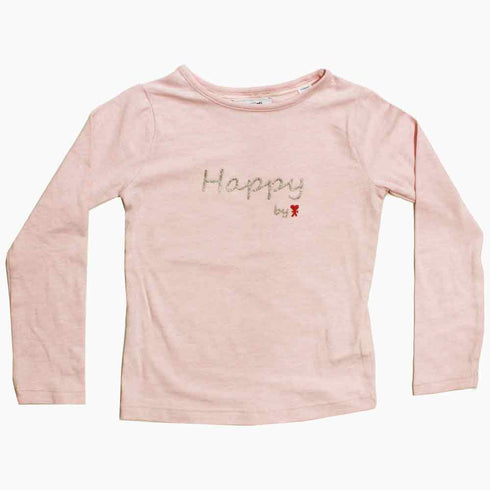 OKAIDI Baby Pink Girls Premium Cotton Glitter Happy Print Tshirt