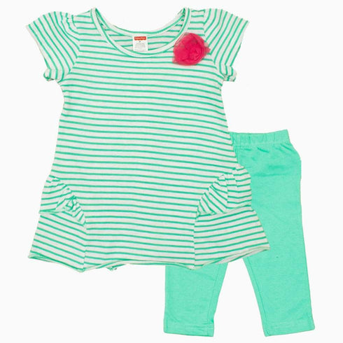 Fisher Price Girls Cotton Green Stripes Flower 2 piece Set