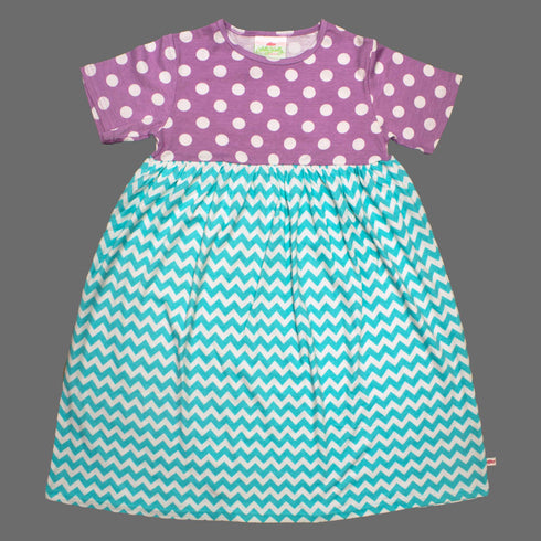 Lolly Wolly Turquoise ZigZag Purple Polka Dots Girls Cotton Dress