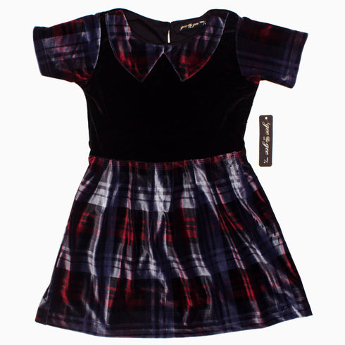 Gee Gee Girls Black and Blueish Grey Checks Valvet Polyester Dress