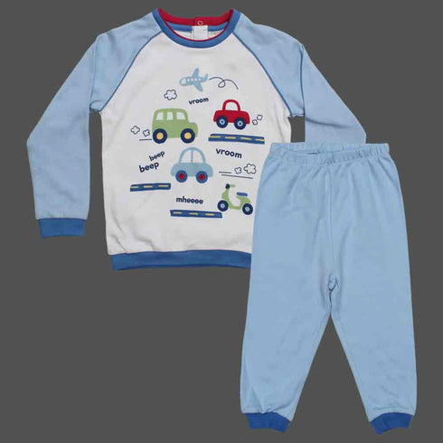 FAGOTTINO Boys White Car Print Premium Cotton 2 Piece Night Suit