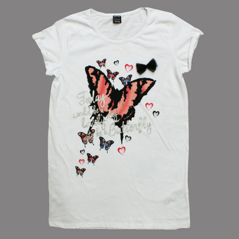 YFK Today to be Butterfly Applique Bow Glitter Print Premium Cotton Tshirt