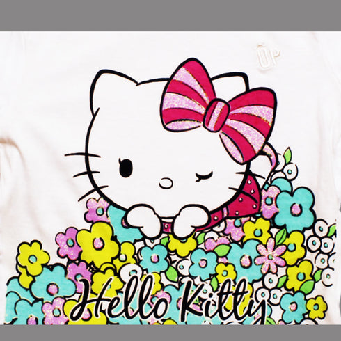Hello Kitty Up White Girls Cotton Glitter Print Tshirt