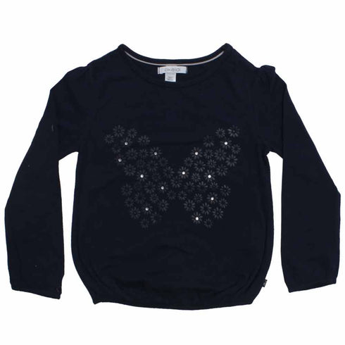 OKAIDI Girls Rubber Printed Rhinestones Butterfly Navy Blue Premium Cotton Tshirt