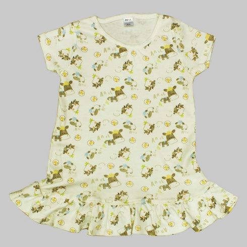 BFL All over Cow Print Off White Cotton Girls Frill Long Tshirt