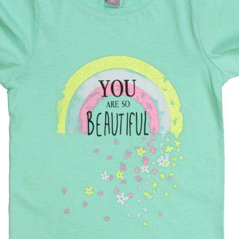 DOPO DOPO Glitter All Over Flower Print Light Blue Girls Premium Cotton Tshirt