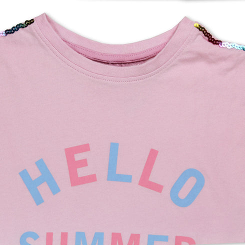 ALIVE Hello Summer Pink And White Girls Cotton T shirt