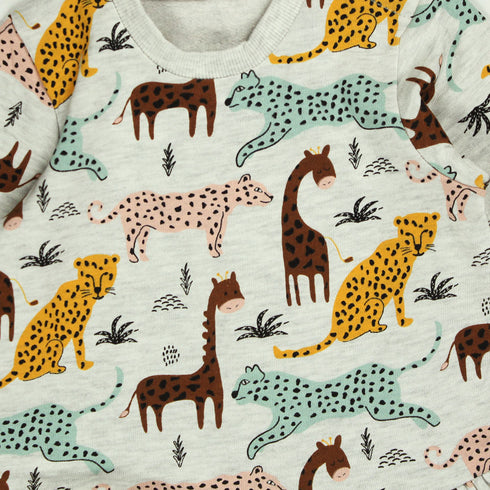 All Over Animals Print Grey Girls Cotton Fleece Sweat Shirt