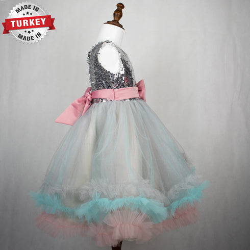 Angel Baby Silver Sequins Pink And Green Girls Party Frock