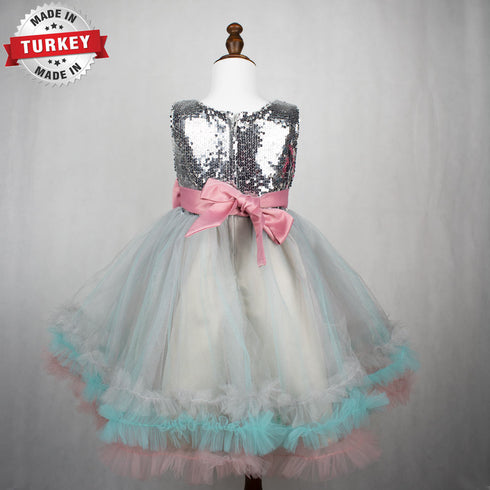 Angel Baby Silver Sequins Pink And Green Girls Party Frock