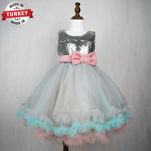 Angel Baby Silver Sequins Pink And Green Girls Party Frock