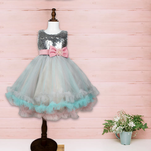 Angel Baby Silver Sequins Pink And Green Girls Party Frock