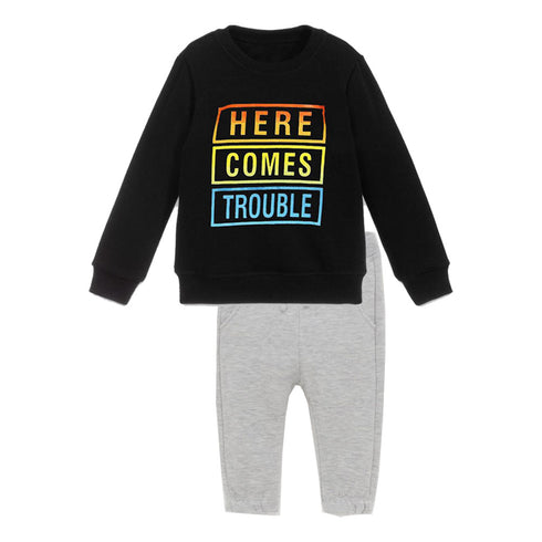 BABY CLUB Here Comes Black Boys Cotton Terry Sweatshirt 2 Piece Set