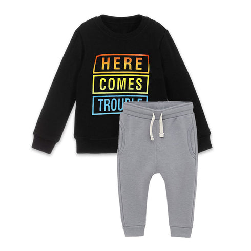 BABY CLUB Here Comes Black Boys Cotton Terry Sweatshirt 2 Piece Sets