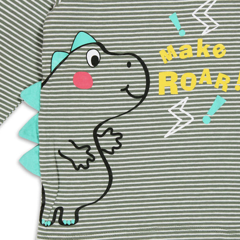 BABY GO Dino Green And White Stripes Boys Cotton T shirt