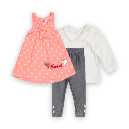 Polka Dots Pink Girls Cotton 3 Piece Fleece Set