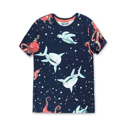 DESTINATION All Over Fish Print Blue Boys Cotton T shirt 2 Piece Set