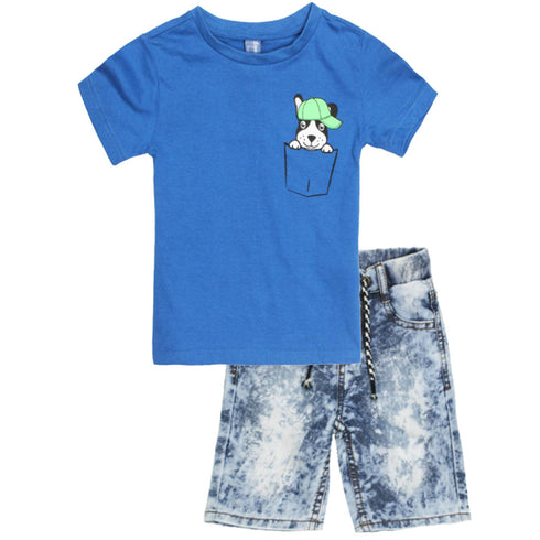 DOPO DOPO Cat Pocket Print Blue Boys Premium Cotton Tshirt 2 Piece set