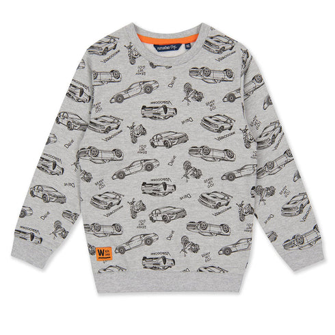 FUTURINO All Over Cars Grey Boys Cotton Terry Sweat Shirt