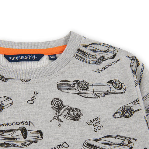 FUTURINO All Over Cars Grey Boys Cotton Terry Sweat Shirt