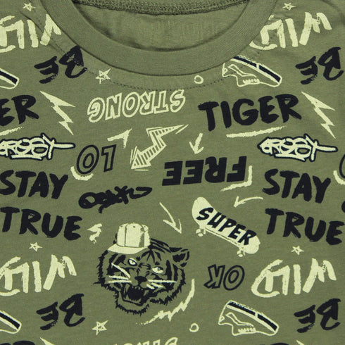 FUTURINO Tiger Face Green Boys Cotton T shirt