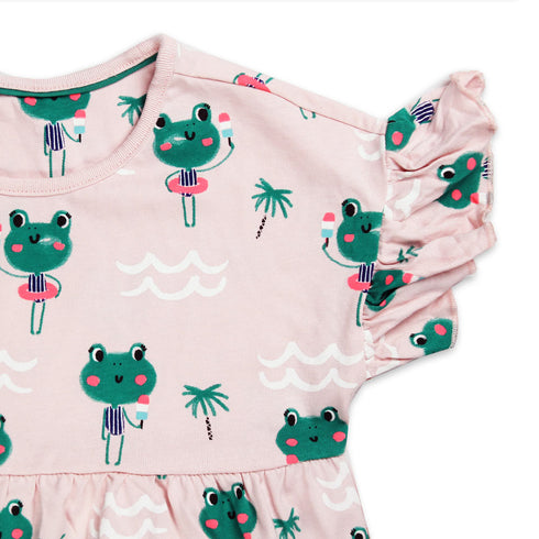 GLOBAL STOCK All over Frog Pink Girls Cotton Dress