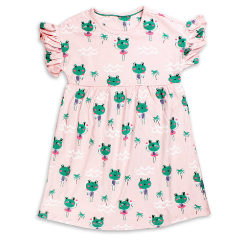 GLOBAL STOCK All over Frog Pink Girls Cotton Dress