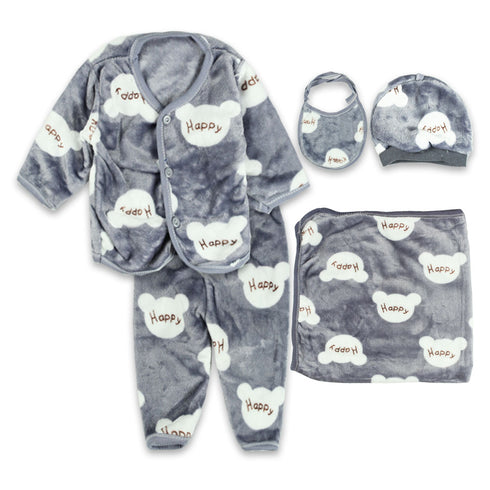 GLOBAL STOCK Happy Grey Unisex Cotton Fleece Winter 5 Piece Set