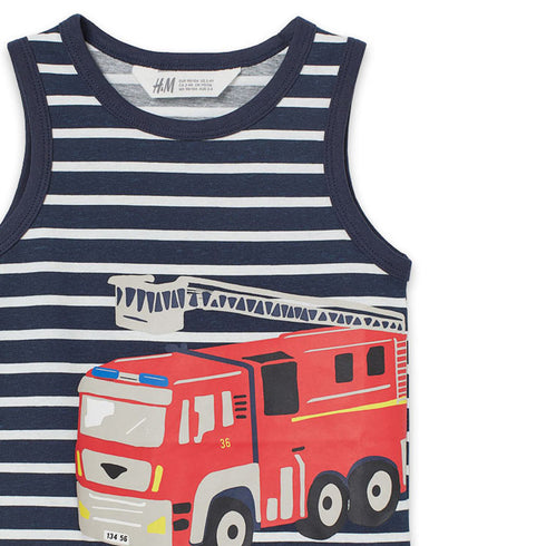 H And M Fire Truck Blue And White Striped Boys Cotton Tank Top